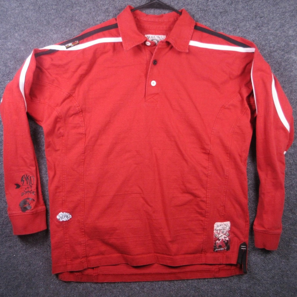 Akademiks‎ Polo Shirt Mens XL Red Storm Riders Jeanius Level Graphic Long Sleeve